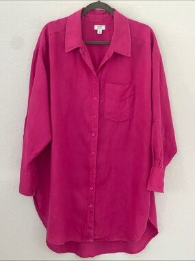 Crown & Ivy 1X 100% Linen Pink Oversized Button Down Tunic Shirt